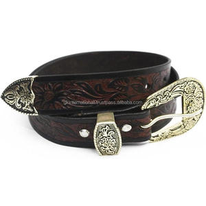 Cinturón de Cuero Estilo Western para Hombre con Diseño Floral Grabado a Mano Personalizado, con Juego de Tres Hebillas Metálicas - Product Image 4