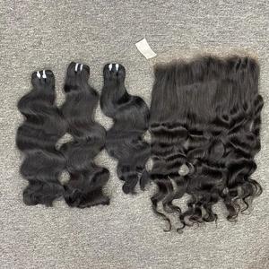 Venta al por mayor Super doble dibujado Color Natural onda Natural encaje Frontal peluca 13x6 fábrica extensiones de cabello humano sin procesar - Product Image 1