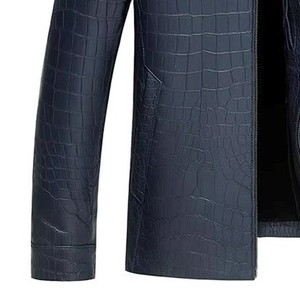 Chaqueta de Cuero Azul Oscuro para Hombre, con Estampado de Cocodrilo, Cuello Camisero, Cierre de Cremallera, Corte Ajustado Informal, para Otoño - Product Image 5