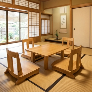Juego de mesa de comedor de madera de teca maciza de estilo japonés, 4 sillas Zaisu sin patas, Tatami Tea Chabudai, muebles minimalistas modernos - Product Image 6