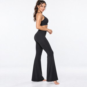 <b>High</b> <b>Waisted</b> <b>Flared</b> Leg Yoga <b>Leggings</b> Seamless Solid Black Full Length Elastic Waist Stretch Fabric Women's Workout Pants - Product Image 2
