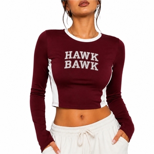 Haut court imprimé personnalisé pour femme, manches longues, col rond, motif Hawk Bawk, décontracté, tendance, été, conception imprimée OEM - Product Image 1