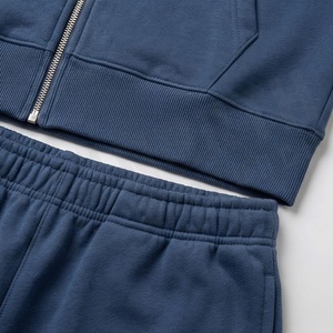Survêtement unisexe bleu à capuche, sweat-shirt et pantalon de jogging à fermeture éclair intégrale, couleur unie, vêtements décontractés pour adultes, saison automne, 100% coton - Product Image 5