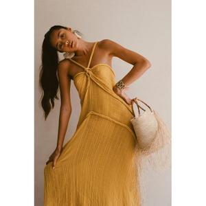 Vestido Maxi Boho sin Mangas con Escote Cruzado, Color Liso, Tejido de Verano, Ajuste Holgado, Cintura Imperio, Gasa Larga, Venta al por Mayor - Product Image 3
