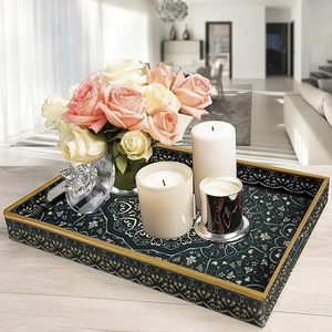 UO Art Premium Custom Wood and Enamel <b>Serving</b> <b>Tray</b> with Decorative Persian Pattern <b>Gold</b> Metal Handles Rectangular <b>Serving</b> Trayv - Product Image 1