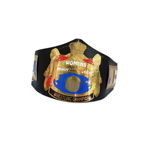 Ceinture de champion de lutte féminine en plaqué or avec centre bleu et drapeaux internationaux, sangle noire, objet de collection - Product Image 5