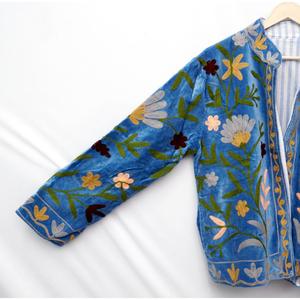 Chaqueta de Terciopelo con Bordado Floral Bohemio, Cuello Mandarín, Manga Tres Cuartos, Frente Abierto, Ropa Exterior Informal, Abrigo para Mujer - Product Image 5