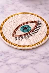 Handmade Beaded Floral Coasters (4 Inch) Eco-Friendly Polyester/Cotton Boho White TurquoiseGold Hotel & Home <b>Table</b> Decor - Product Image 2