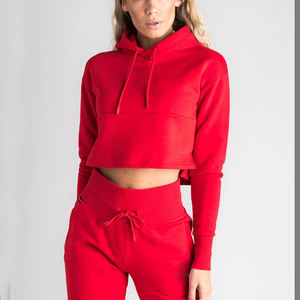 Women Red Hooded Tracksuit Set Full Sleeve Crop Top With Drawstring <b>Pants</b> Casual Autumn Wear Solid Color Breathable Cotton - Product Image 2