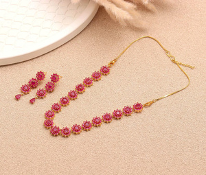 Floral Red Gemstone <b>Necklace</b> Set 22K Gold Plated Brass Classic Wedding Jewelry Floral Wedding <b>Necklace</b> - Product Image 1