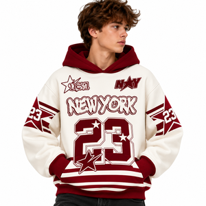 เสื้อฮู้ดผู้ชายสีครีมเบอร์กันดี ลายกราฟิก New York 23 ทรงโอเวอร์ไซส์ สไตล์สตรีทแวร์ - Product Image 1