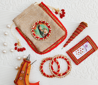 Panier-cadeau de mariage pour demoiselle d'honneur Maharani Potli en jute Cônes de henné Feuille de bindi Bracelets Mode écologique Été Printemps