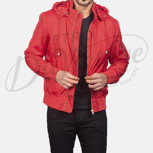 Custom <b>Men</b> Red Hooded Bomber <b>Jacket</b> Windproof Casual <b>Flight</b> <b>Jacket</b> with Detachable Hood and Sleeve Zipper Pocket Coat - Product Image 1