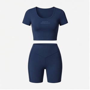 North Approach 2 Piece Yoga Set Scoop Neck Crop Top High Waist Shorts Solid <b>Navy</b> Blue Breathable Seamless Sportswear - Product Image 1
