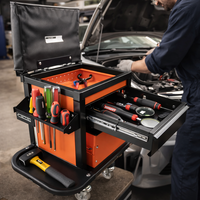 Chariot à outils industriel orange avec 2 tiroirs, compartiment de rangement latéral, capacité de charge de 350 lb pour utilisation en atelier GAPGAR026