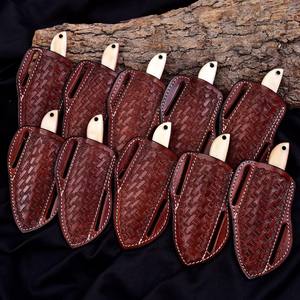 Lote de 5 cuchillos nórdicos Skinner de acero de Damasco con hoja fija, mango de hueso, espiga completa, para camping y caza, con funda de cuero OEM - Product Image 6