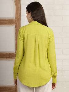 <b>Women's</b> Lime Green <b>Linen</b> Button Down Shirt Full Sleeve Turn-down Collar Casual Regular Fit Spring Summer Solid Color Woven <b>Top</b> - Product Image 1