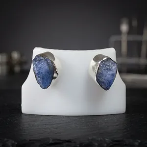 Raw Tanzanite 925 <b>Sterling</b> <b>Silver</b> <b>Stud</b> Earrings Minimalist Bezel Set Unisex Everyday Wear Jewelry - Product Image 1
