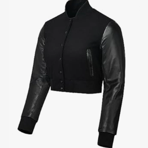 Veste universitaire noire pour femme, manches longues, col montant, couleur unie, coupe courte, pour l'automne - Product Image 3