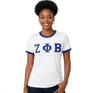 Camiseta Zeta Phi Beta con cuello redondo, blanca con ribete azul real, letras griegas bordadas, camiseta de hermandad, manga corta, top para mujer - Product Image 1