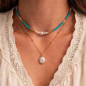 สร้อยคอทองเหลืองประดับด้วยลูกปัดเทอร์ควอยซ์ธรรมชาติ พร้อมจี้เทอร์ควอยซ์ทรงมุกเทียมแบบหลายชั้น ชุบทอง 14K รูปทรงมงกุฎ สไตล์ศาสนา - Product Image 6