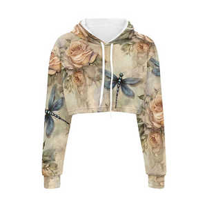 Sudadera con Capucha Corta para Mujer, Estampado Floral de Libélulas, Manga Regular, Tejida, Informal para Primavera - Product Image 1