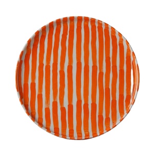 Modern Hand-Painted Orange Striped Metal Serving <b>Tray</b> <b>Round</b> Decorative Platters for Coffee <b>Table</b> Home Decor Kitchen Tableware - Product Image 1