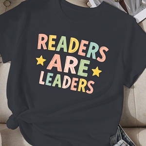 READERS ARE LEADERS เสื้อยืดลำลองผ้าโพลีเอสเตอร์พิมพ์ลายสำหรับผู้หญิง คอกลม แขนสั้น ทรงพอดีตัว - Product Image 3