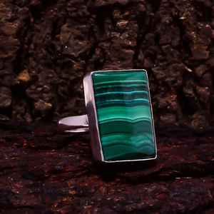Natural Malachite Rectangle <b>Ring</b> Handmade Sterling <b>Silver</b> Gemstone Jewelry Healing Crystal <b>Statement</b> <b>Ring</b> - Product Image 3