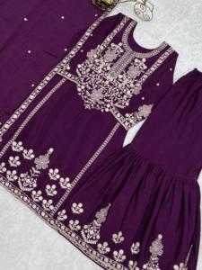 Elegant Pure Chinnon <b>Silk</b> <b>Fabric</b> Top with Dupatta Set and Sharara Ready to Wear Women Wedding Party Designer Ethnic Wear - Product Image 6