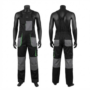 Salopette de travail premium en polyester 240 GSM certifiée CE, imperméable et antibactérienne, noire avec empiècements gris et vert contrastant - Product Image 1