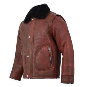 Veste en cuir marron vintage pour homme, col en fourrure noire, manteau d'hiver en peau de mouton véritable, doublure en polaire chaude, veste de motard - Product Image 3