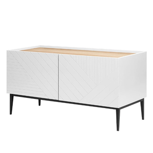 Un meuble moderne et minimaliste, finition blanche et accents en bois, soutenu par de fines pieds en métal noir. - Product Image 1