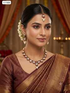 Parure de collier Kundan vert de luxe avec boucles d'oreilles assorties, bijoux de mariée traditionnels plaqués or, faits à la main, ethniques, pour mariage et fête - Product Image 3