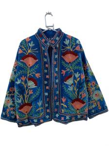 Handmade Blue <b>Velvet</b> Suzani Embroidered <b>Jacket</b> <b>Women</b> Vintage Floral Kashmiri Coat Open Front Ethnic Boho Winter Kimono <b>Jacket</b> - Product Image 2