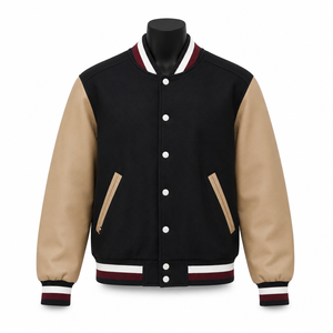 Chaqueta Varsity Negra y Marrón para Hombre, Estilo Preppy, Chaqueta de Béisbol de Algodón con Cierre de Botones, Corte Regular, para Otoño - Product Image 1
