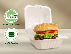 Contenedores de Alimentos Blancos Compostables Ecológicos Impermeables Tipo Concha, Diseño Cuadrado Reforzado con Bisagras, Desechables de Bagazo OEM - Product Image 5