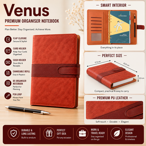 A5 PU Leather Saddle Stitched Organizer <b>Planner</b> Journal Loose Leaf Pages Card Holder Cash Slot Pen Loop-Elegant Business Travel - Product Image 4