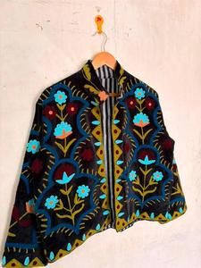 Women Black <b>Velvet</b> Embroidered Suzani <b>Jacket</b> with Multicolor Floral Pattern Full Sleeve Stand Collar Handmade Boho Winter Coat - Product Image 3