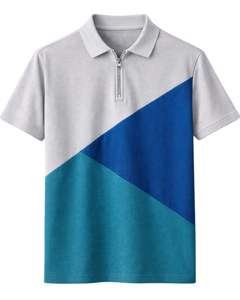 Polo à col zippé pour homme, gris clair, bleu et vert sarcelle, manches courtes, color block, tricoté, décontracté, personnalisable, pour l'été - Product Image 1