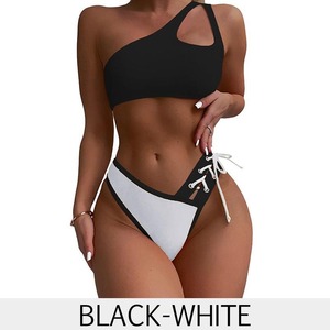 Conjunto de Bikini Rojo Rosa de un Solo Hombro, Asimétrico, Elástico, Antibacterial, con Cordón Ajustable en la Parte Inferior para Niñas - Product Image 5