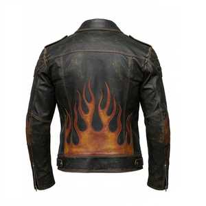 Blouson en cuir vieilli effet flamme pour homme, fait main, style motard, avec manches effet flamme, col montant, logo frontal, FURAT LEATHERS, Automne - Product Image 2