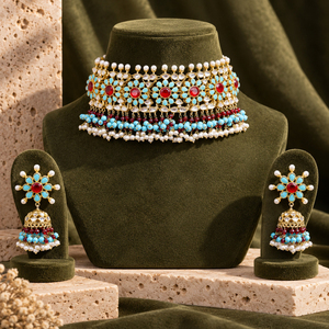 Wholesale Gold Plated Multicolor Kundan <b>Pearl</b> Choker Necklace Earrings <b>Set</b> Bridal Jewelry Bulk Order - Product Image 5