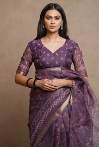 Sari de mariage d'automne en polyester imprimé Kota Doria sans plis pour femme KV avec chemisier non cousu - Product Image 4