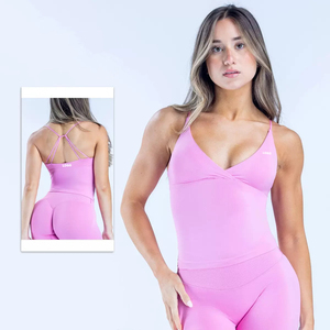 Pink V-Neck Spaghetti Strap Yoga Set High Waist <b>Shorts</b> <b>Legging</b> Twisted Design Four-Way Stretch Solid Color - Product Image 2