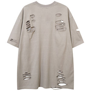 เสื้อยืดฮิปฮอปผู้ชายแบบขายส่ง สั่งทำได้ ทรงใหญ่ ขาดๆ แบบดิสเทรส คุณภาพสูง เสื้อยืดแขนสั้นลำลองสำหรับผู้ชาย - Product Image 3