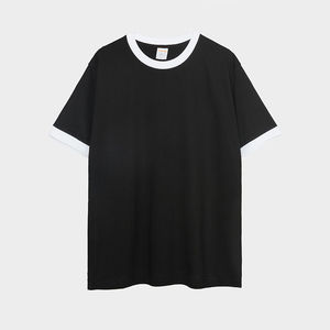 T-shirt décontracté pour homme en coton noir surdimensionné à col rond et manches courtes avec bordure contrastante blanche - Product Image 6