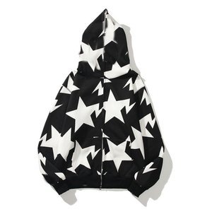 Unisex Star Print Zip Hoodie Oversized Casual Sweatshirt Black White <b>Pink</b> Knitted Polyester Autumn Wear - Product Image 3