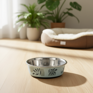 ชามสแตนเลสสำหรับสัตว์เลี้ยง 1.6 ลิตร สีฟ้าเทา ลายใบไม้ สำหรับสุนัขและแมว - Product Image 3