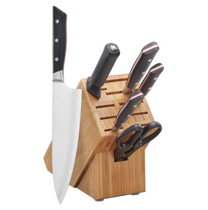 Ensemble de couteaux de cuisine avec manches noirs à trois rivets, lames argentées, bloc en bois brun, ciseaux et aiguiseur pour la préparation culinaire à domicile - Product Image 4